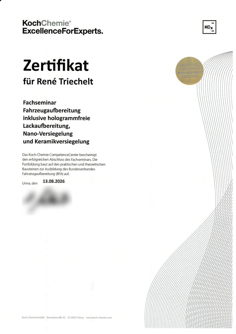 Zertifikat „Fachseminar Fahrzeugaufbereitung“ für René Triechelt, Koch-Chemie CompetenceCenter
